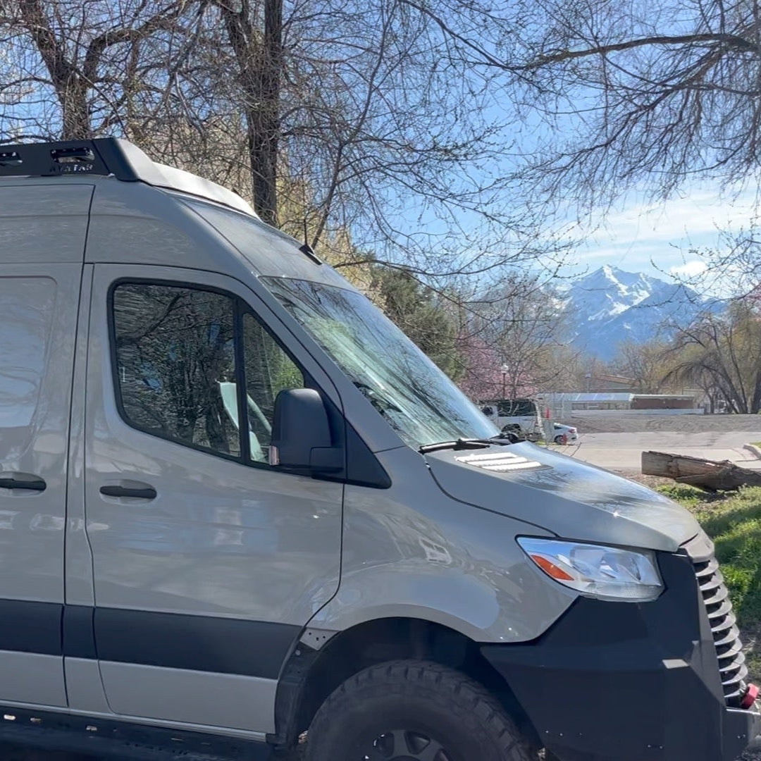 Pioneer Sprinter Roof Rack by Avatar Offroad mounted on cargo van roof, black aluminum rack on Tampa Home & Garden Store