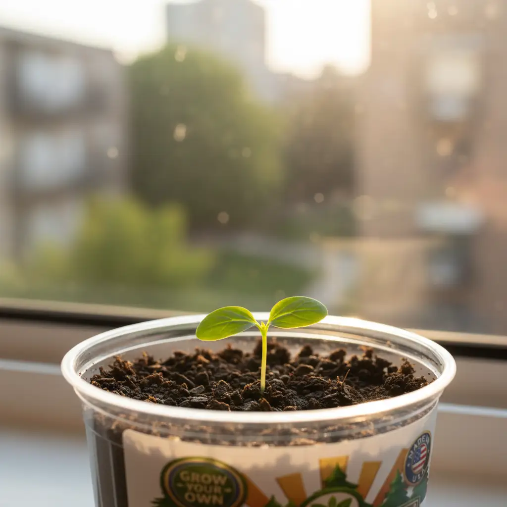 Cilantro seed germination kit with a single green seedling in a clear plastic cup on Tampa Home & Garden Store