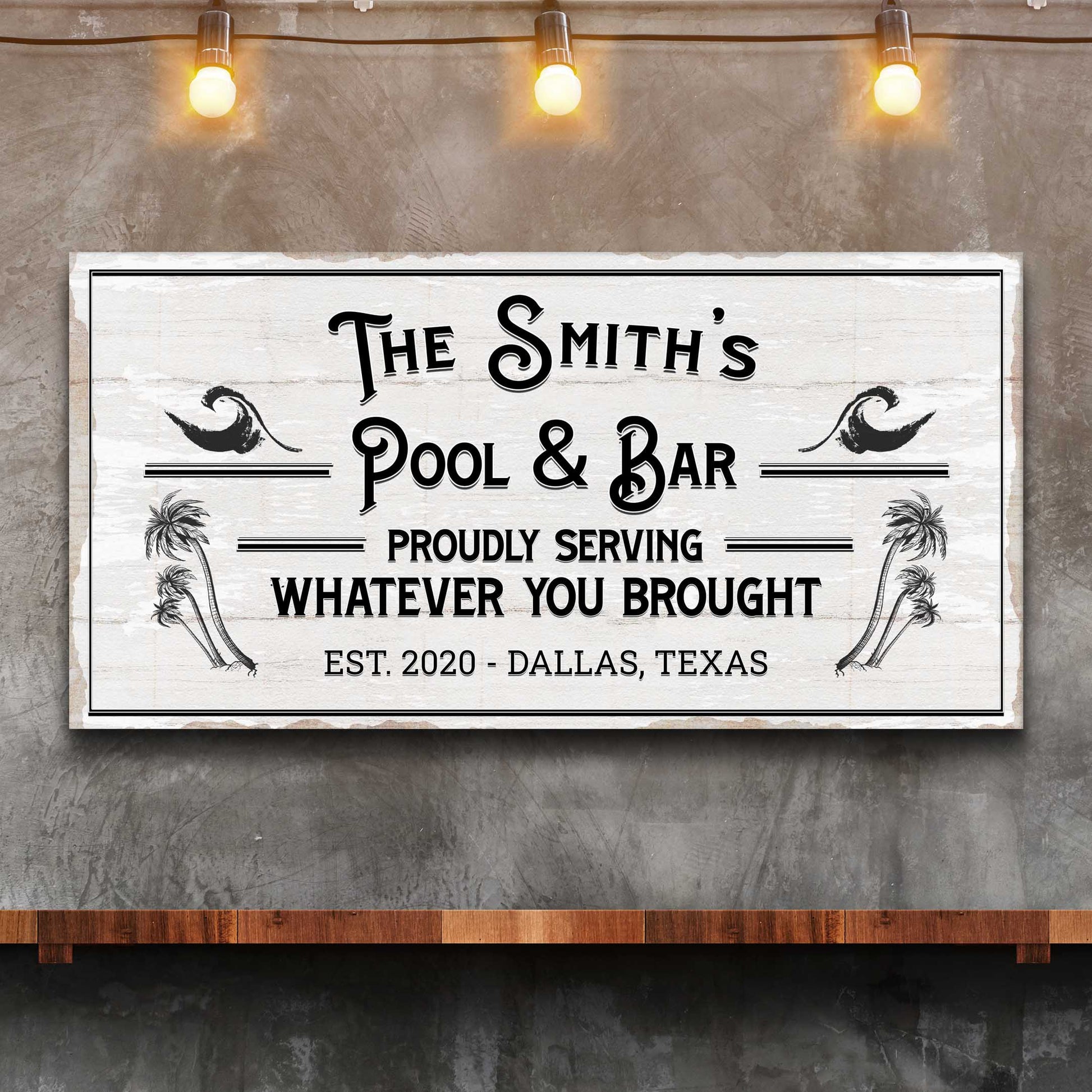 Personalized rustic pool & bar sign canvas with The Smith's text and palm accents on Tampa Home & Garden Store