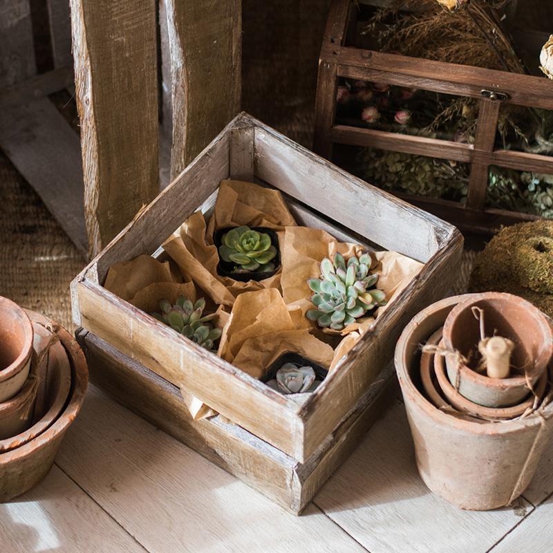 Square cube solid wood crate planter with succulents, RusticReach rustic finish on Tampa Home & Garden Store