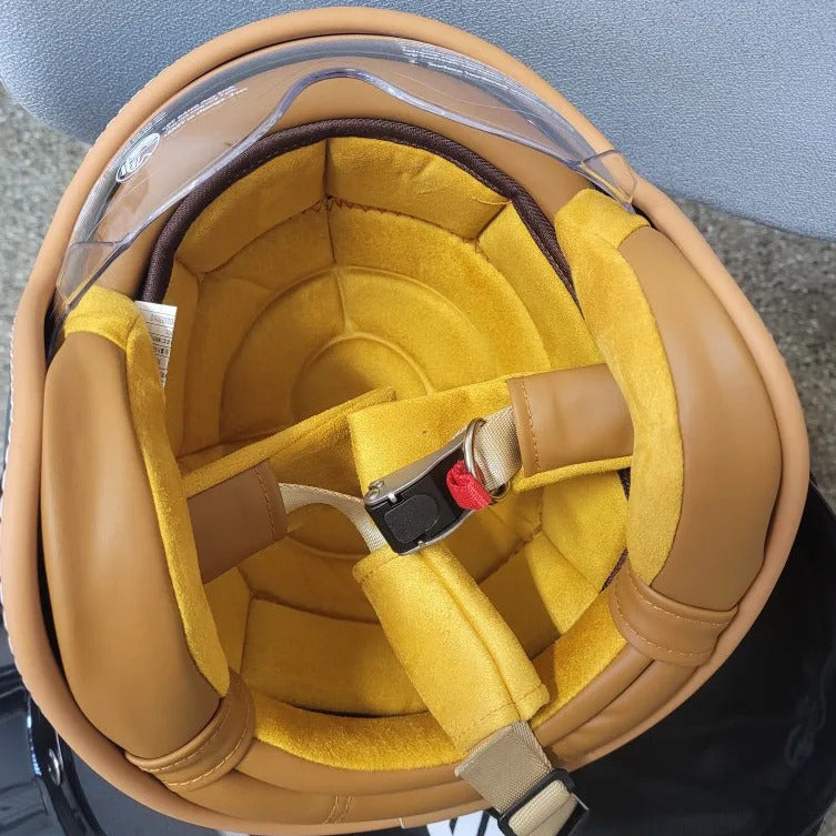 The Street King open-face helmet BikerZoneZ tan shell with yellow padding DOT & ECE approved on Tampa Home & Garden Store