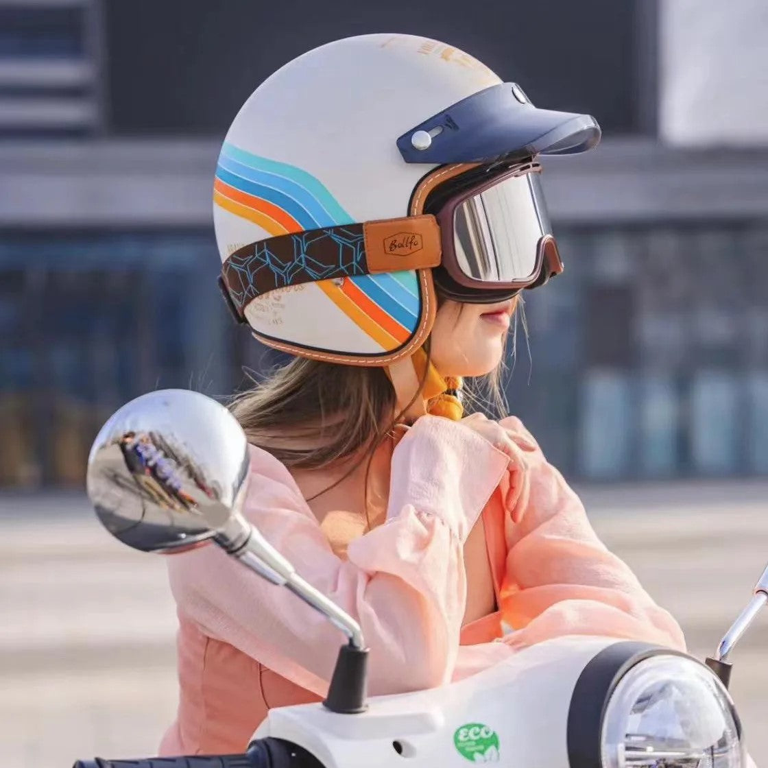 The Street King vintage open-face helmet by BikerZoneZ white with blue/orange stripes on Tampa Home & Garden Store