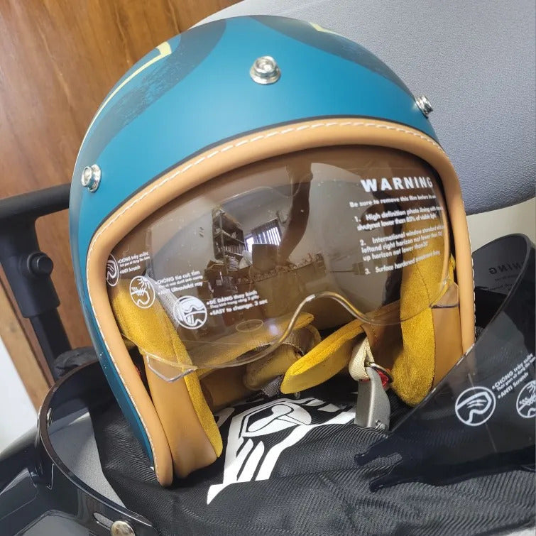 The Street King vintage open-face helmet by BikerZoneZ, teal blue shell with tan trim on Tampa Home & Garden Store