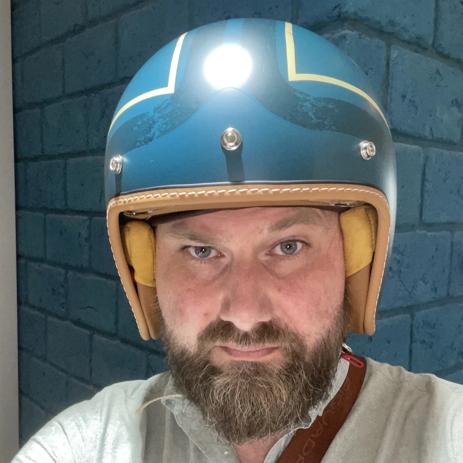 The Street King vintage open-face helmet by BikerZoneZ, blue with yellow trim, DOT & ECE approved on Tampa Home & Garden Store