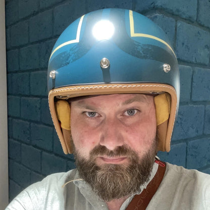 The Street King vintage open-face helmet by BikerZoneZ, blue with yellow trim, DOT & ECE approved on Tampa Home & Garden Store