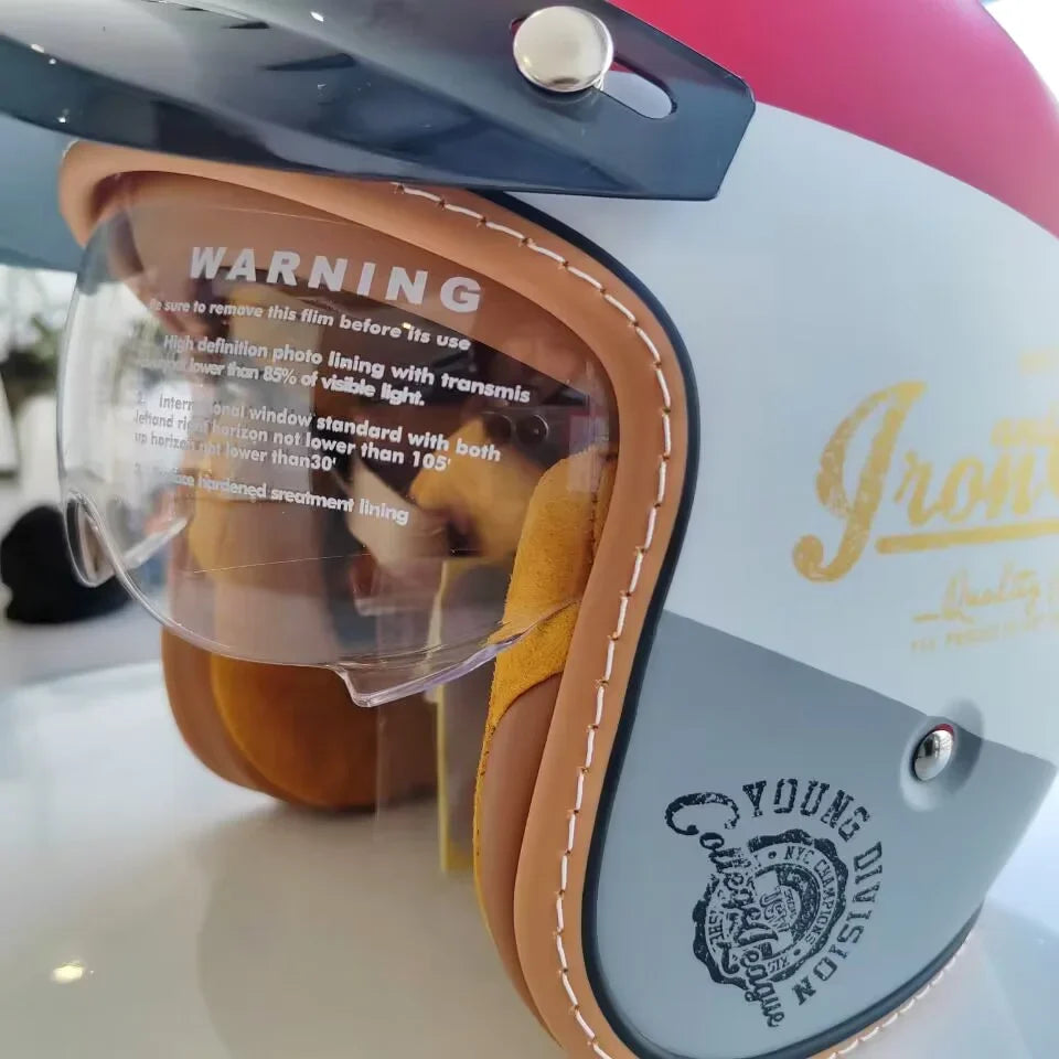 The Street King open-face helmet by BikerZoneZ with tan leather-trim visor DOT/ECE approved on Tampa Home & Garden Store