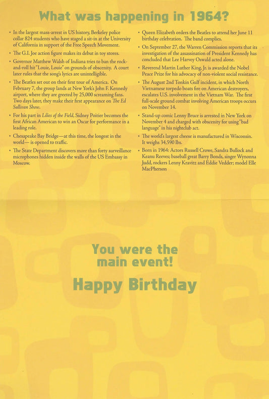 Birthday Card Year of Birth 1964 Celebration with yellow retro design and 1964 events theme on Tampa Home & Garden Store