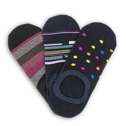 DeadSoxy SS22 no-show socks 3-pack in navy with striped and dotted patterns on Tampa Home & Garden Store