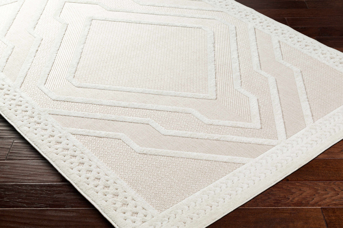 Anja Cream Outdoor Rug Boutique Rugs cream geometric border, textured weave, outdoor use on Tampa Home & Garden Store