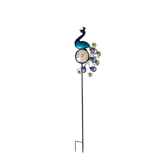 Piquet de jardin en métal éclairé à l'énergie solaire en forme de paon avec thermomètre