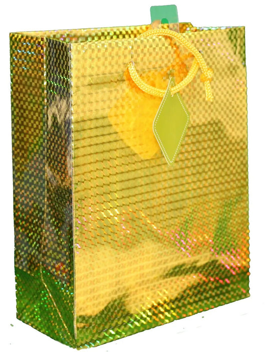 Prismatic Gold Gift Bag Medium with yellow rope handles and green diamond tag on Tampa Home & Garden Store