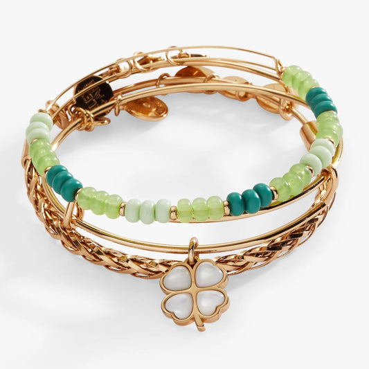 Lucky Four-Leaf Clover set of 3 bangles by Alex and Ani; gold-tone with green beads on Tampa Home & Garden Store
