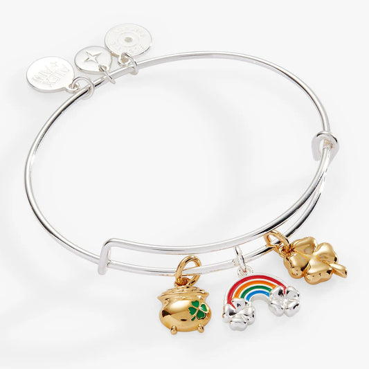 End Rainbow Bangle by Alex & Ani; silver bracelet with rainbow enamel charm and shamrock charm on Tampa Home & Garden Store