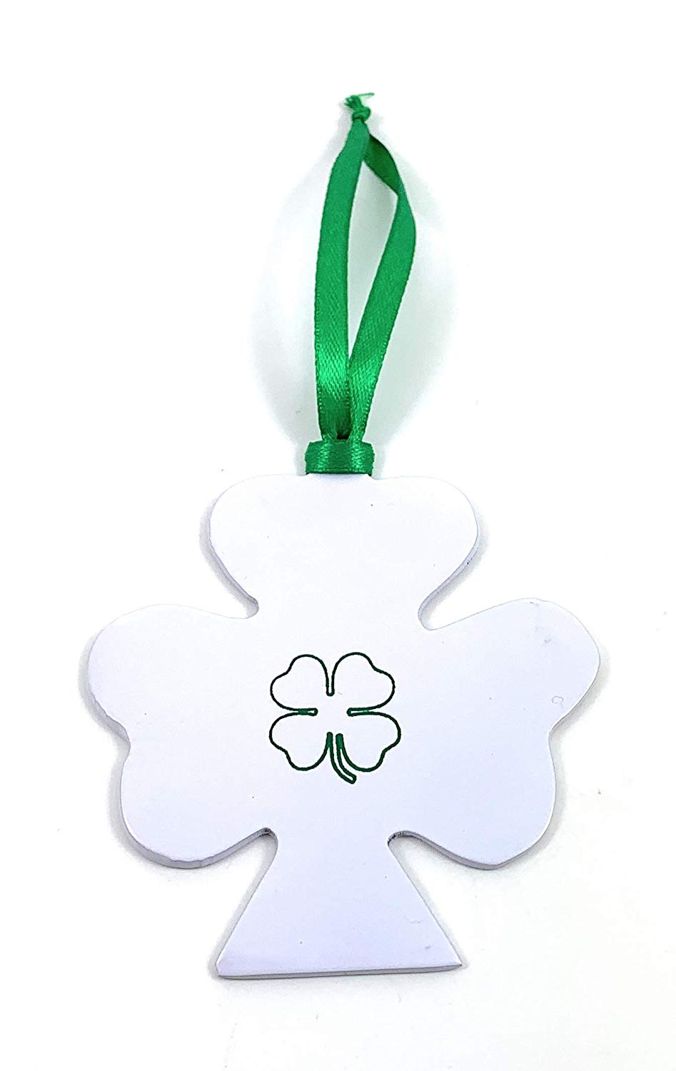 Shamrock ornament by Vibhsa with green ribbon, white finish and clover design on Tampa Home & Garden Store