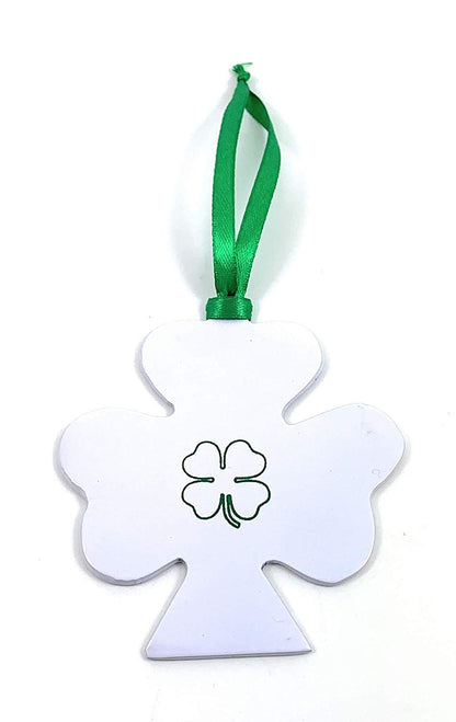 Shamrock ornament by Vibhsa with green ribbon, white finish and clover design on Tampa Home & Garden Store