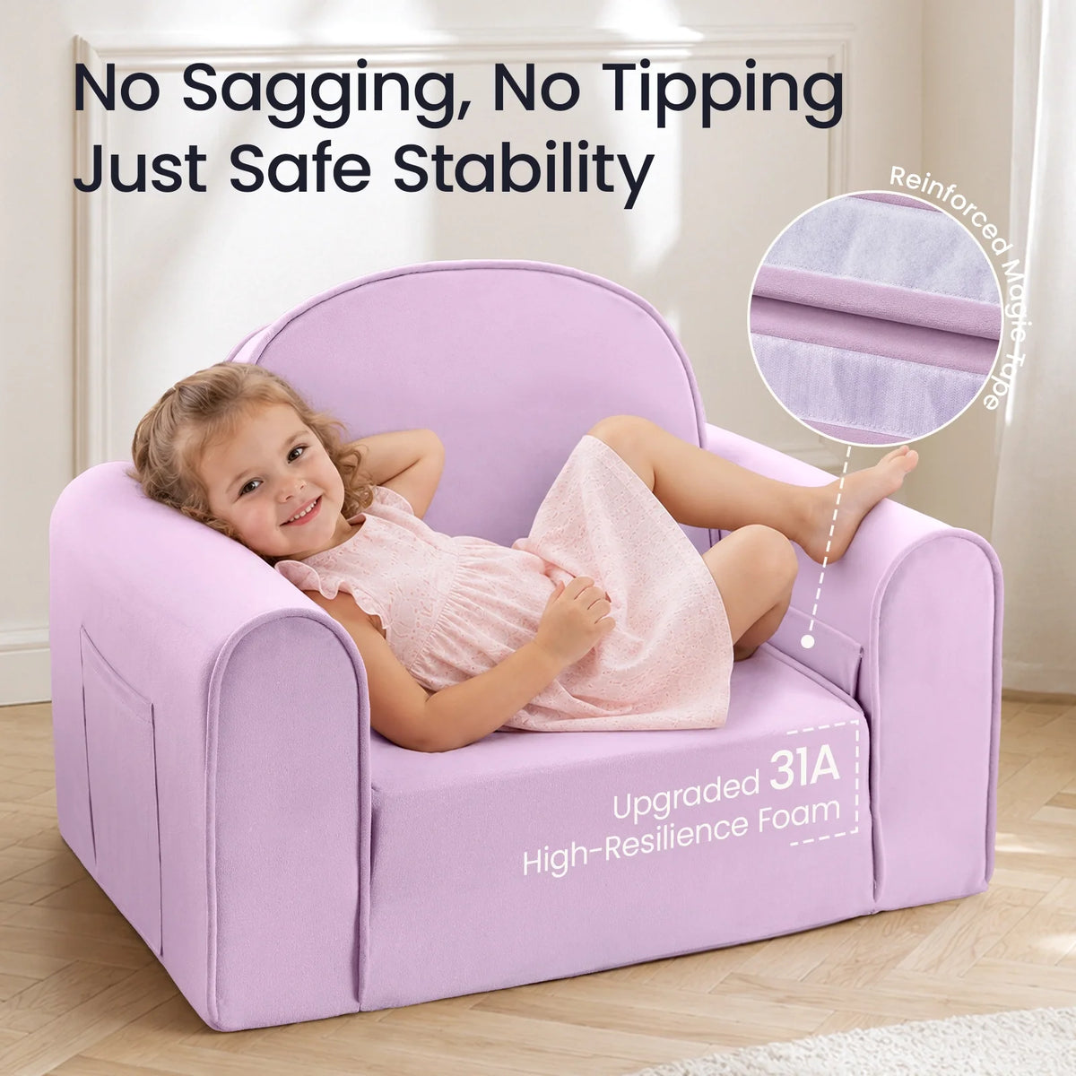Tiny Land GentleSnug Kids Sofa Chair lavender play sofa for kids with a child lounging on Tampa Home & Garden Store