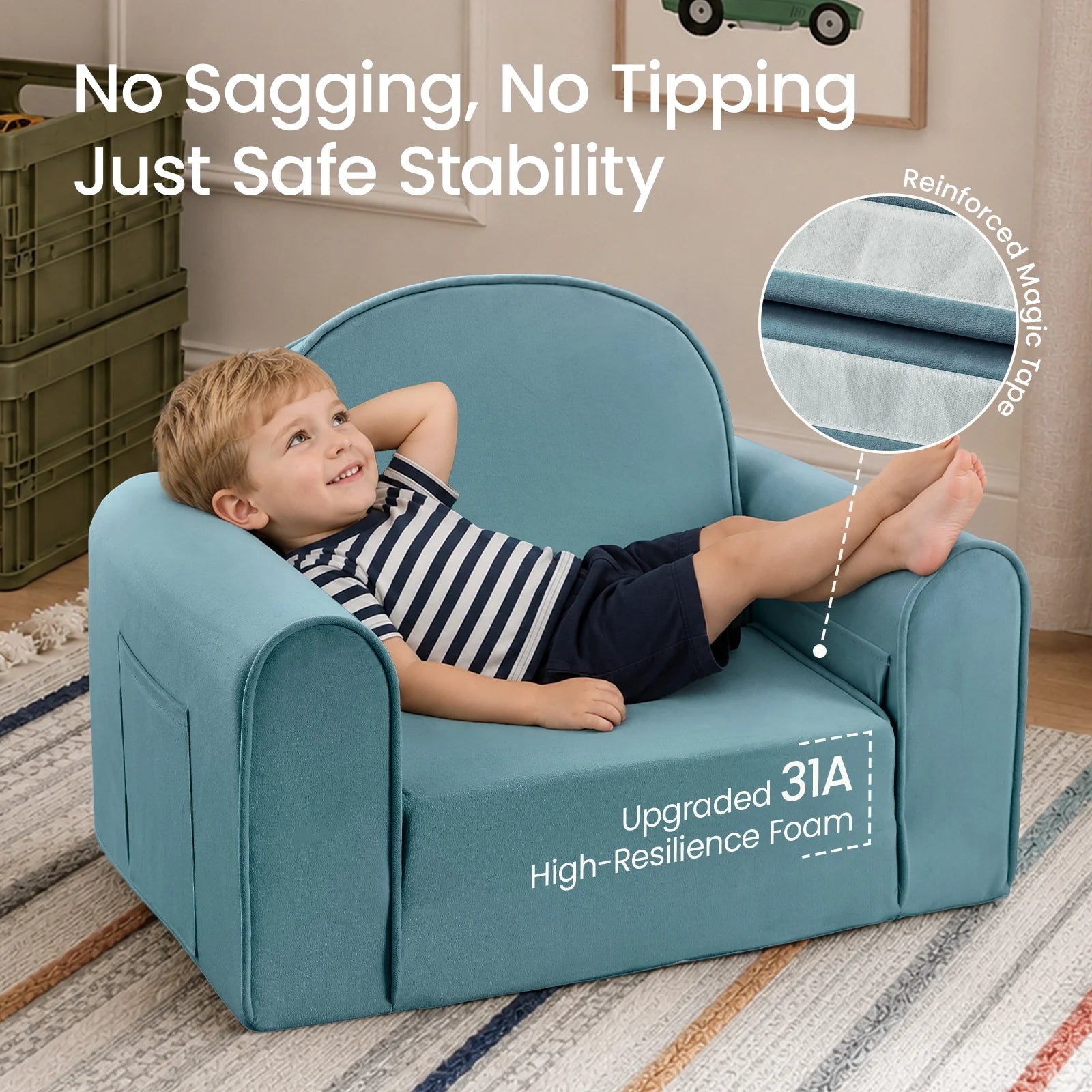 Tiny Land GentleSnug Kids Sofa Chair teal blue play sofa with a kid lounging on Tampa Home & Garden Store