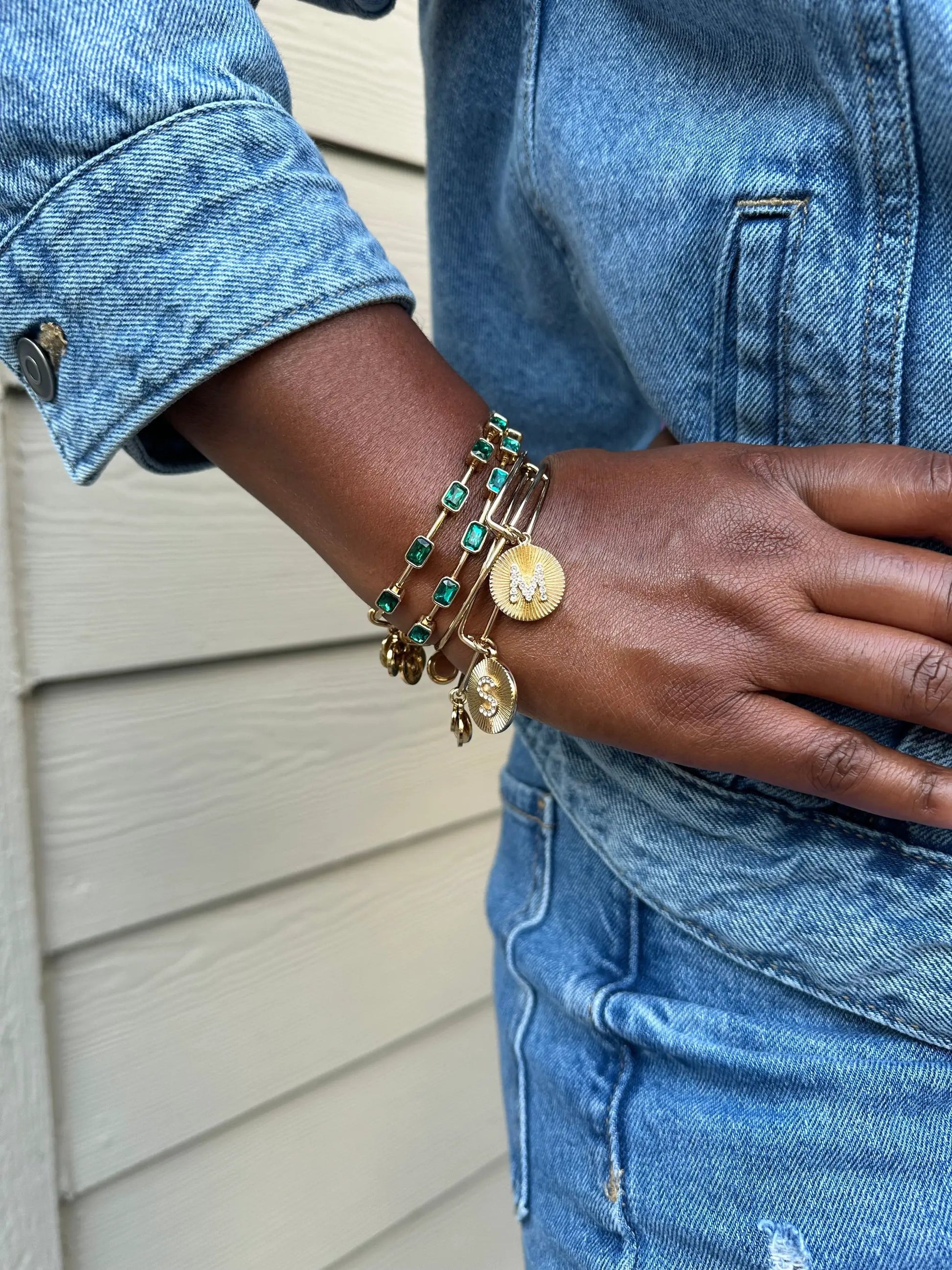 Initial M Pave Starburst Texture Bangle by Alex and Ani gold-tone bracelet with emerald stones on Tampa Home & Garden Store