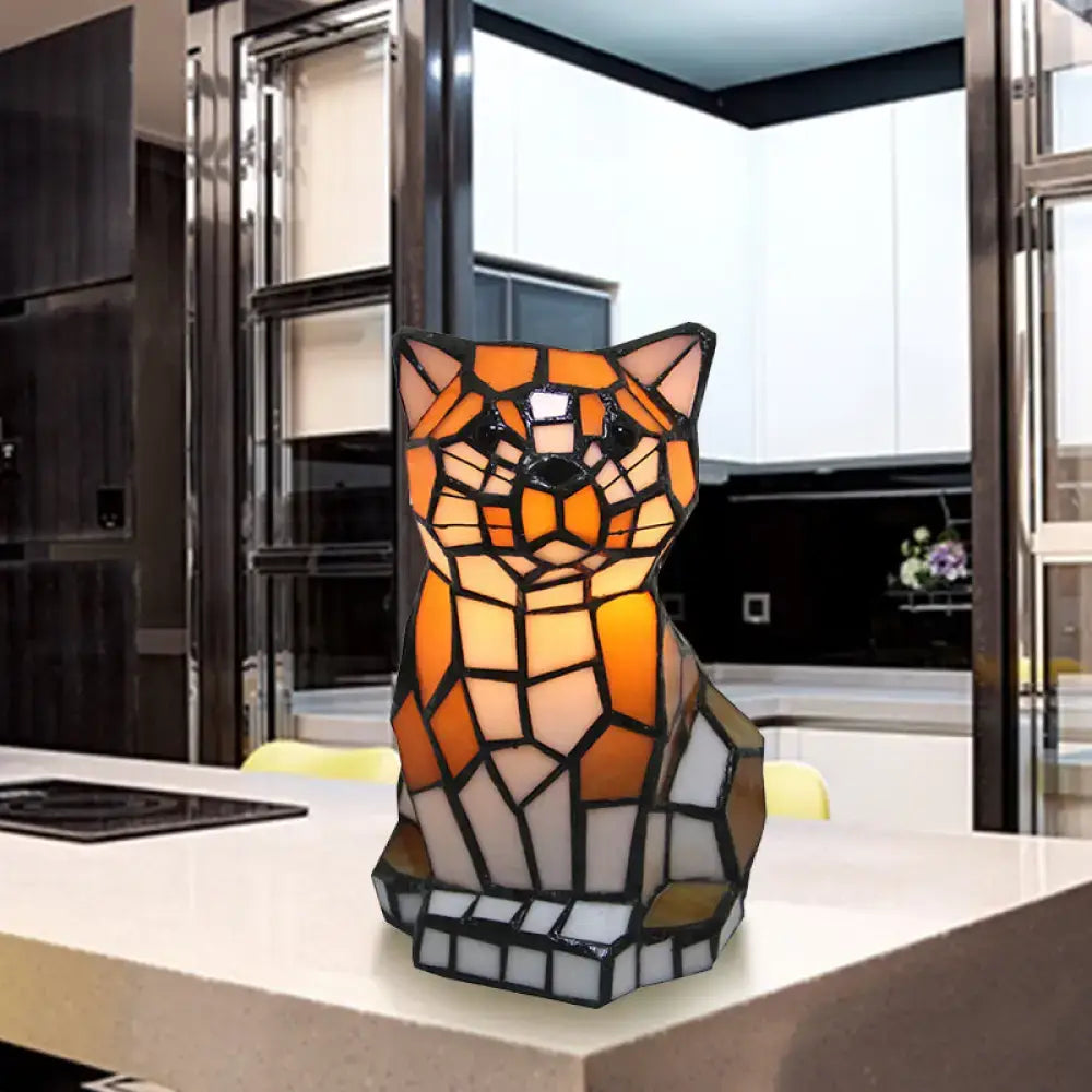 Tiffany Stained Glass Brown Cat Shade Accent Lamp – Colorful Bedside Table Lamp with 1 Light