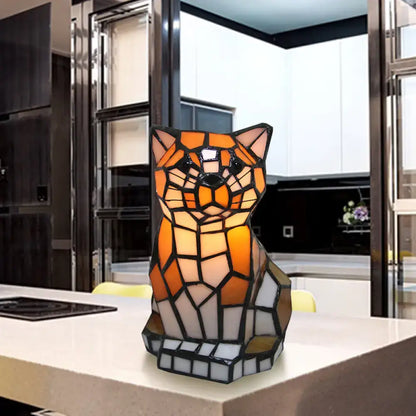 Tiffany Stained Glass Brown Cat Shade Accent Lamp – Colorful Bedside Table Lamp with 1 Light