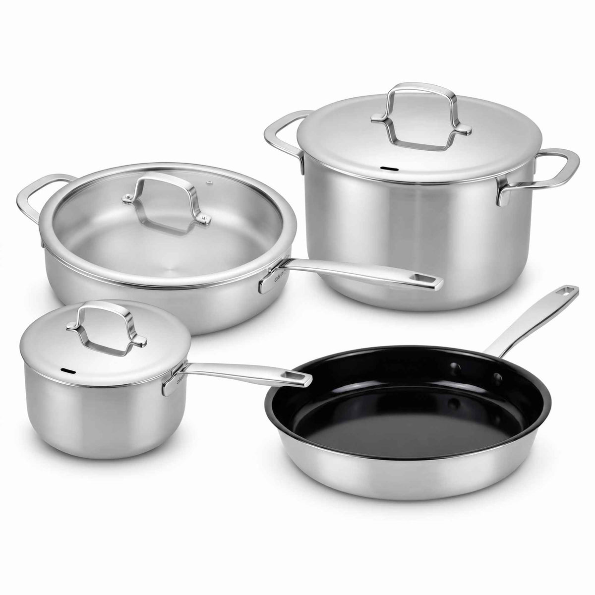 Hybrid Cookware Set, 7-Piece by Alva Cookware in polished stainless steel with lids on Tampa Home & Garden Store