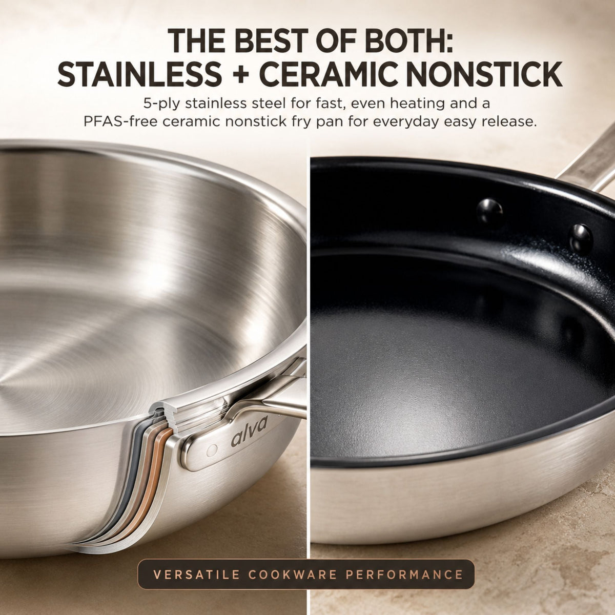 Hybrid Cookware Set, 7-Piece with stainless steel bodies and ceramic nonstick pans by Alva on Tampa Home & Garden Store