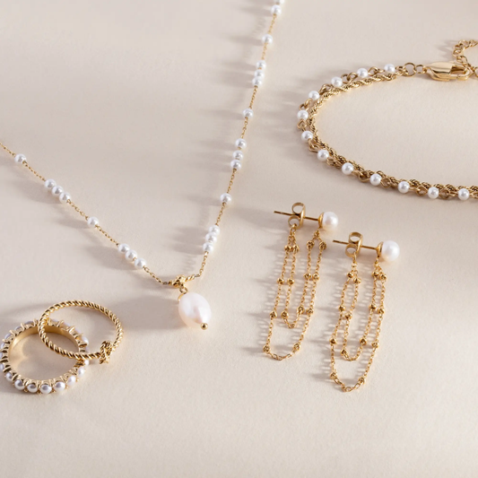 Mother of Pearl Beaded Necklace by ALEX AND ANI with gold chain and white pearls on Tampa Home & Garden Store