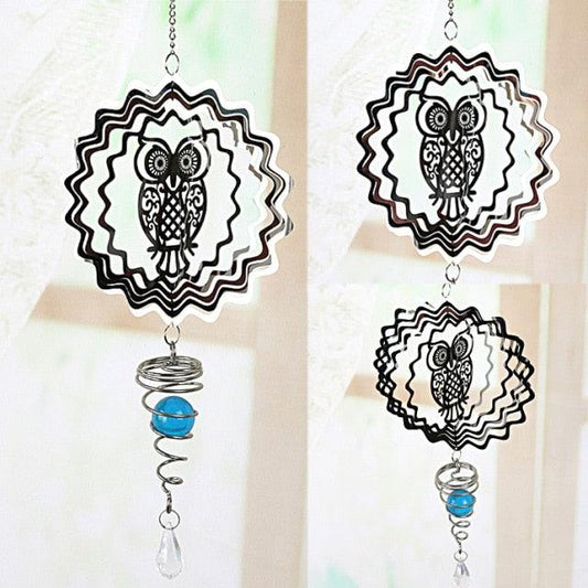 Stevvex wind chime 3D stainless steel owl with rotating layered rings and blue bead pendant on Tampa Home & Garden Store