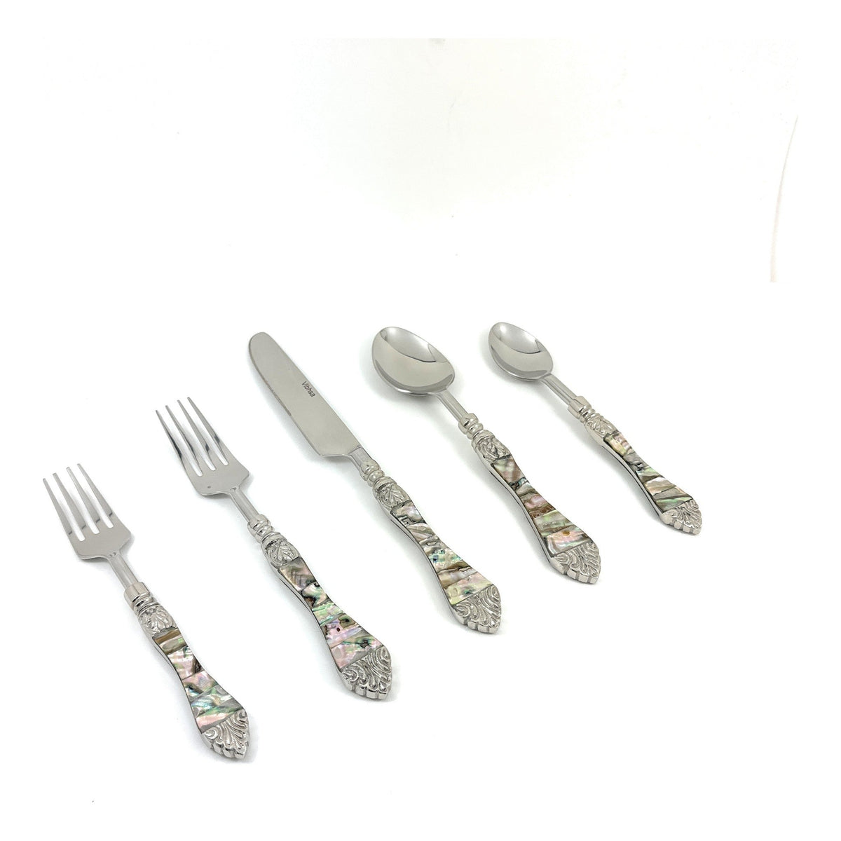 Vibhsa 20-piece stainless steel flatware set with shell-inlaid Seawork handles on Tampa Home & Garden Store