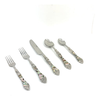 Vibhsa 20-piece stainless steel flatware set with shell-inlaid Seawork handles on Tampa Home & Garden Store