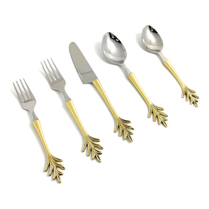 Stainless steel flatware set with gold leaf-handled forks and spoons, Vibhsa 20p on Tampa Home & Garden Store