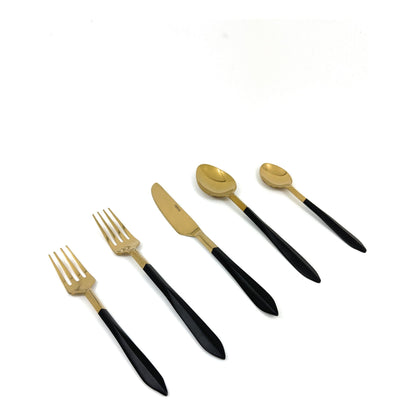 Vibhsa flatware set of 20 with matte black handles and gold-toned spoons and forks on Tampa Home & Garden Store
