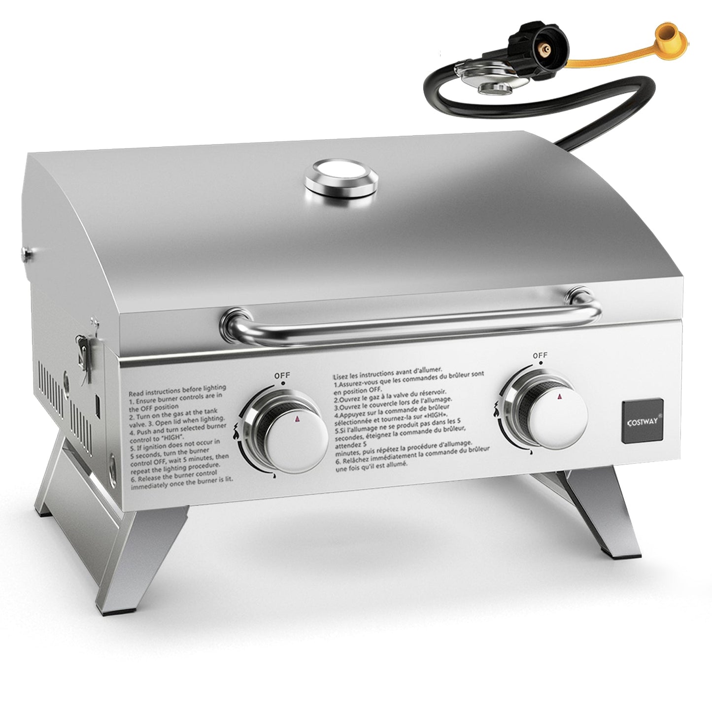 Stainless steel propane grill with lid by GemGear, silver finish with dual knobs and gas hose on Tampa Home & Garden Store