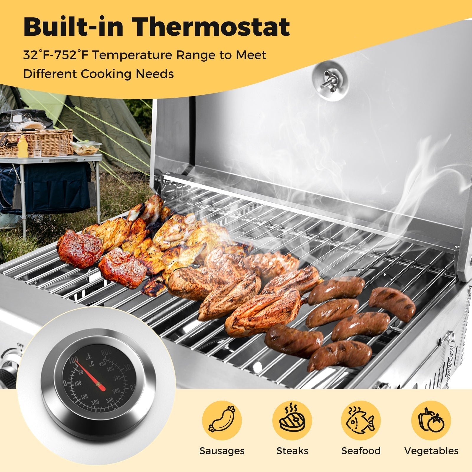 GemGear stainless steel propane grill with lid; sausages grilling on the grate at outdoor camp on Tampa Home & Garden Store