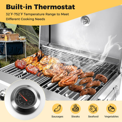GemGear stainless steel propane grill with lid; sausages grilling on the grate at outdoor camp on Tampa Home & Garden Store