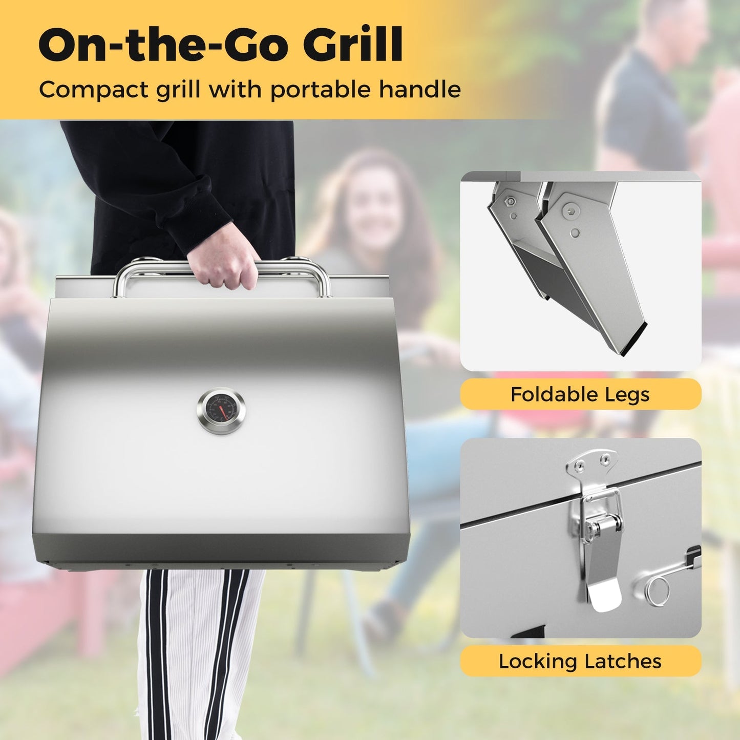 GemGear stainless steel propane grill with lid, portable handle, foldable legs on Tampa Home & Garden Store