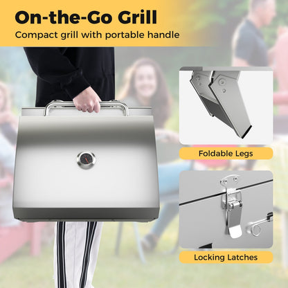 GemGear stainless steel propane grill with lid, portable handle, foldable legs on Tampa Home & Garden Store