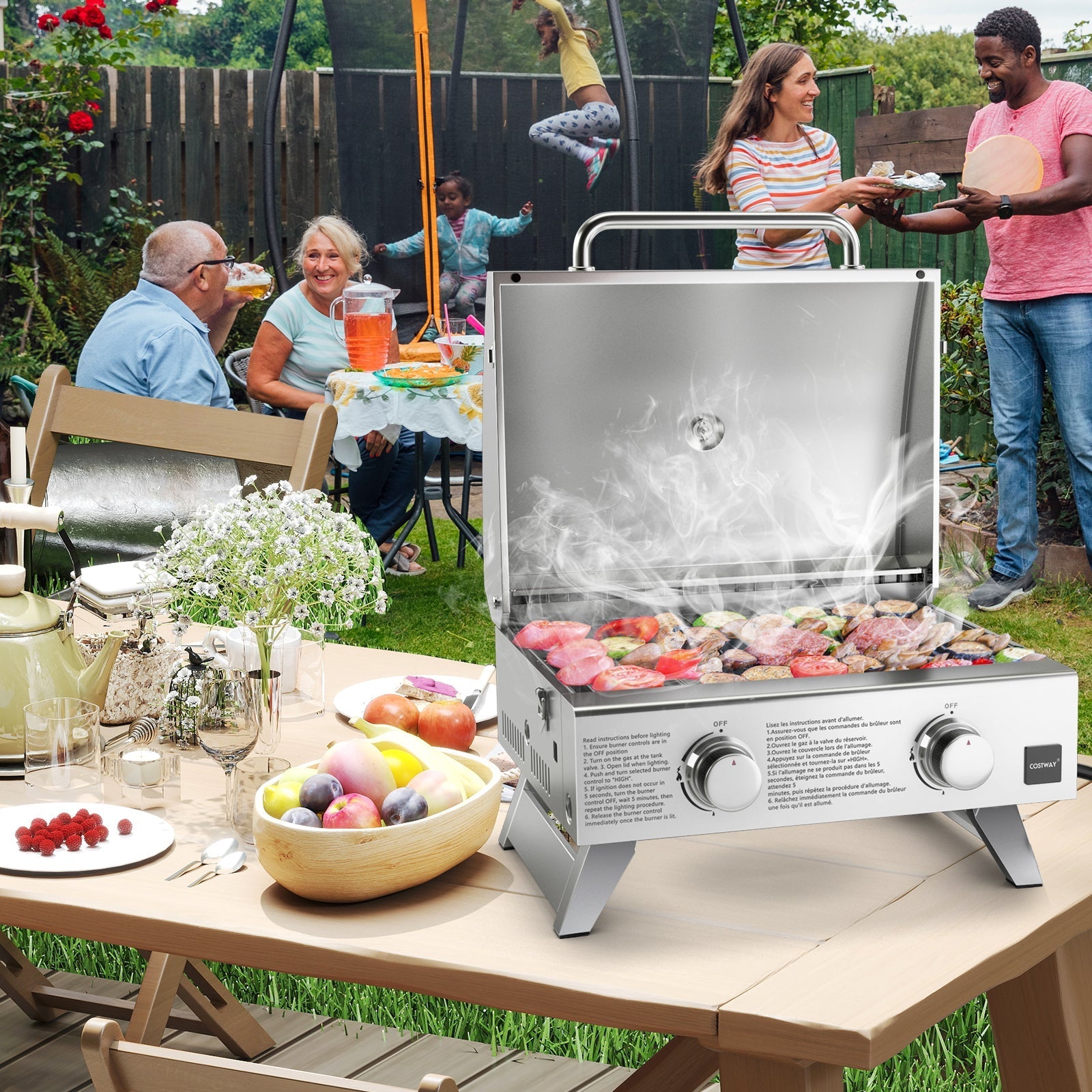 Stainless steel propane grill with lid for outdoor parties, silver finish, Costway branding on Tampa Home & Garden Store