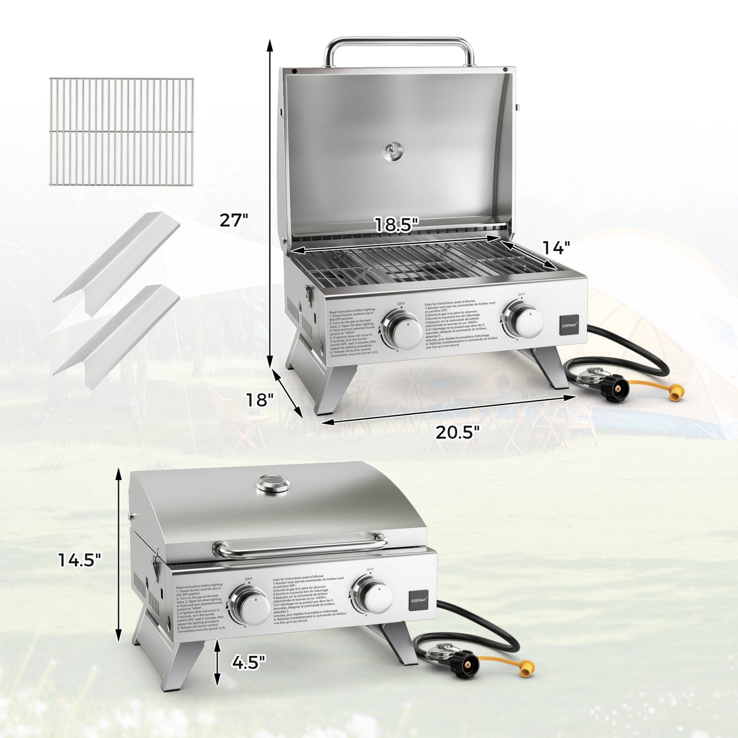 Stainless Steel Propane Grill with Lid by GemGear, silver for outdoor camping on Tampa Home & Garden Store