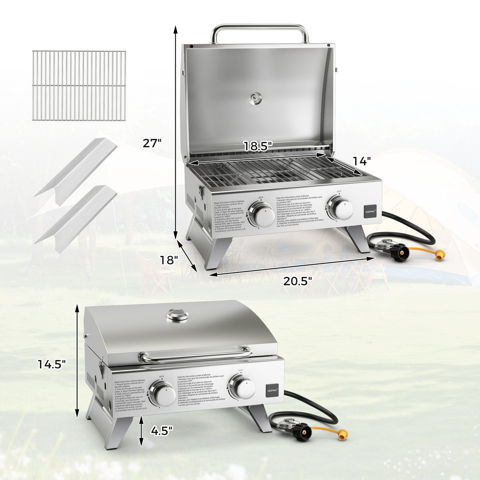 Stainless Steel Propane Grill with Lid by GemGear, silver for outdoor camping on Tampa Home & Garden Store