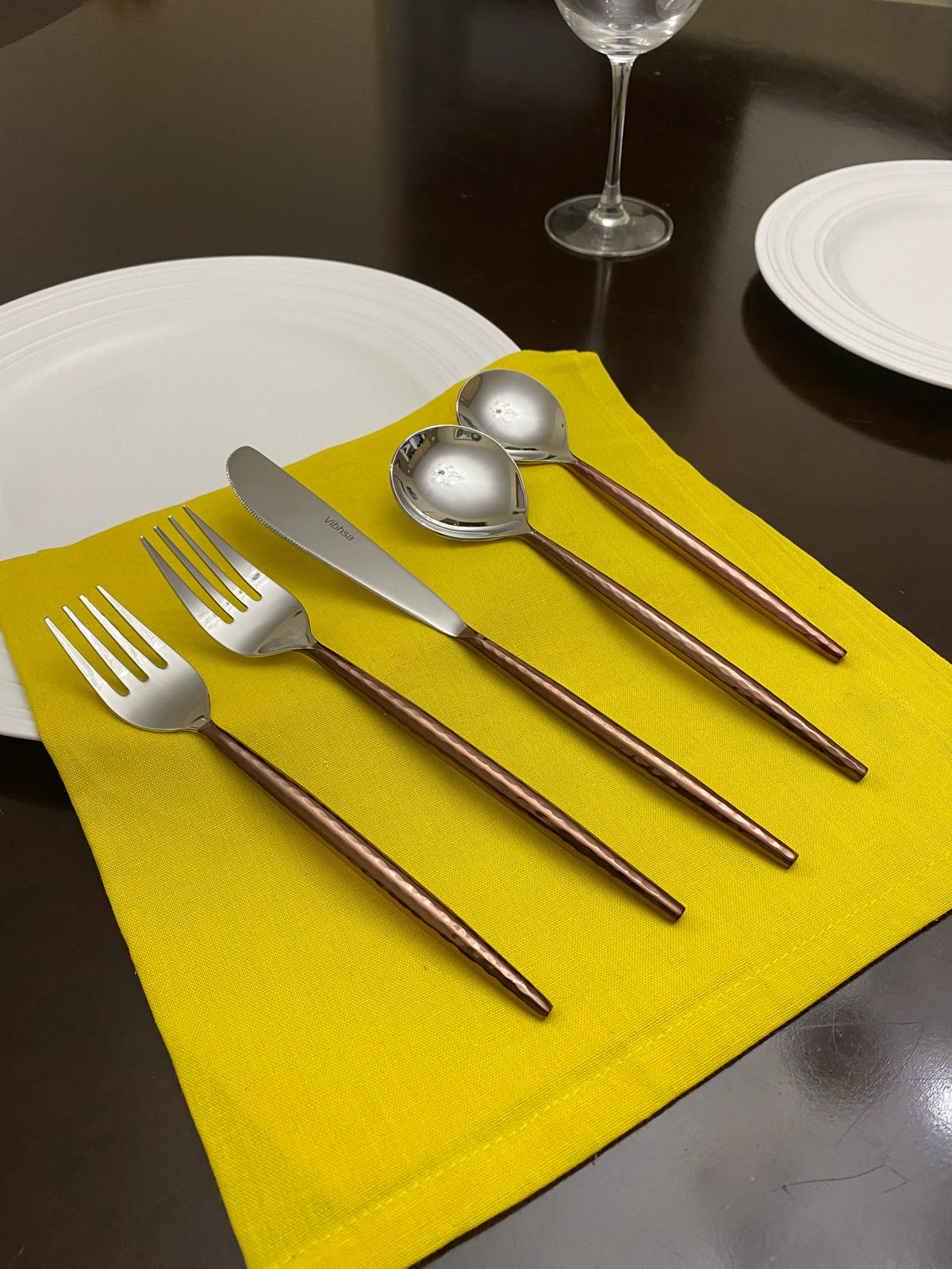 Hammered stainless steel flatware 5-piece set with brown copper-tone handles by Vibhsa on Tampa Home & Garden Store