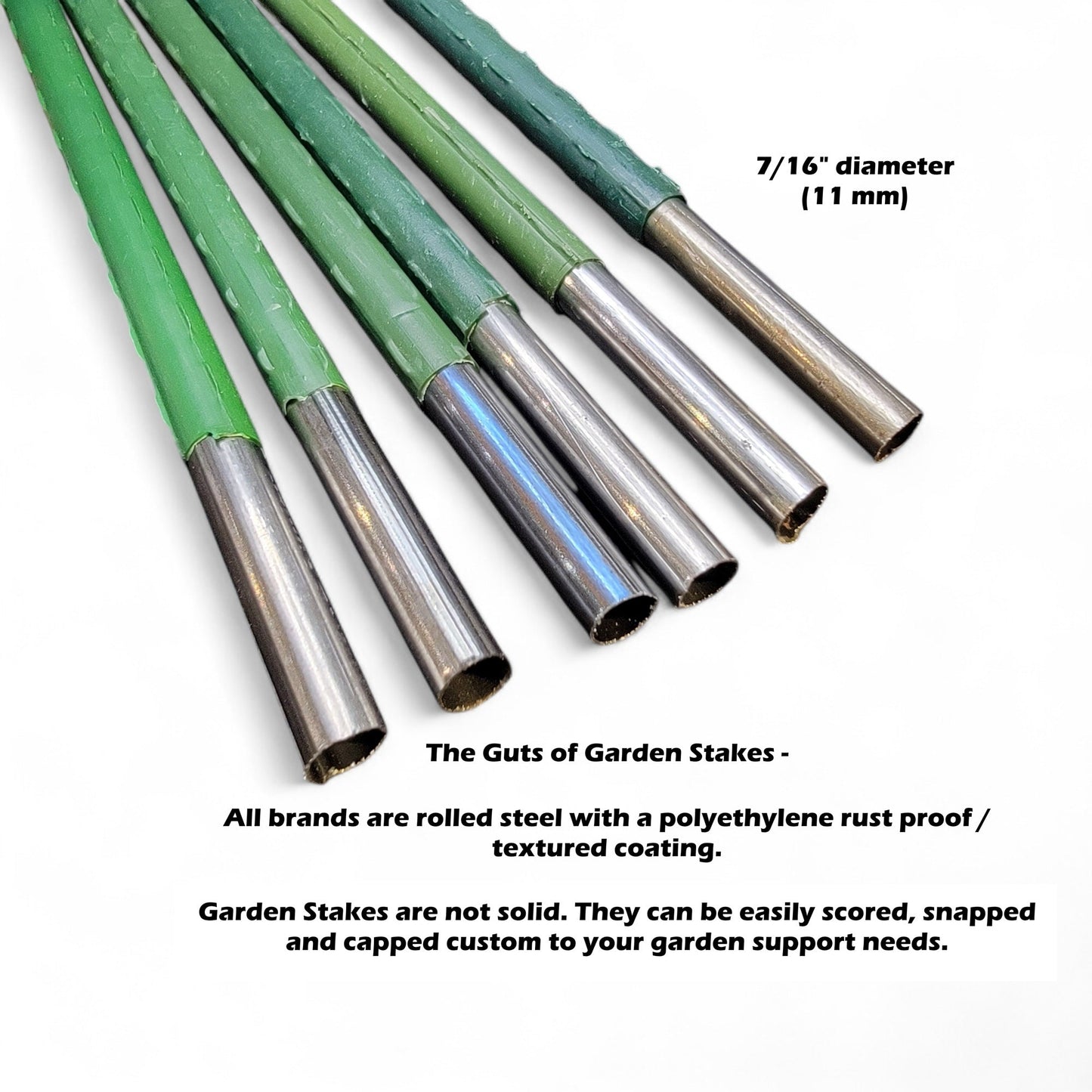 Vingt (20) piquets de jardin en acier robuste (disponibles en longueurs de : 3', 4', 5' et 6'). Tous les tuteurs pour plantes ont un diamètre de 7/16" (1,27 cm). Revêtement extra adhérent. 