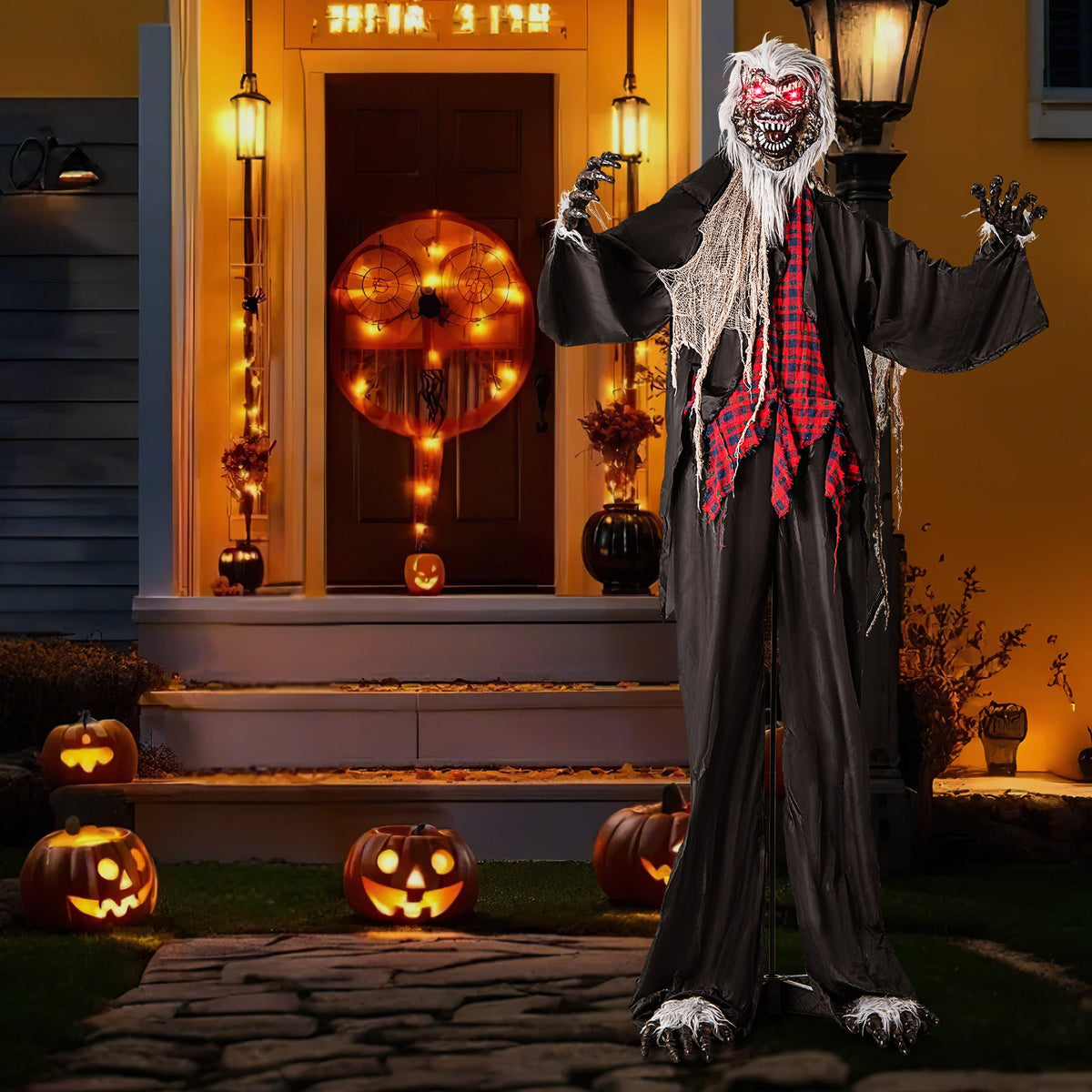 8.2 ft standing animatronic werewolf with red flashing eyes, howling sounds, poseable arms on Tampa Home & Garden Store
