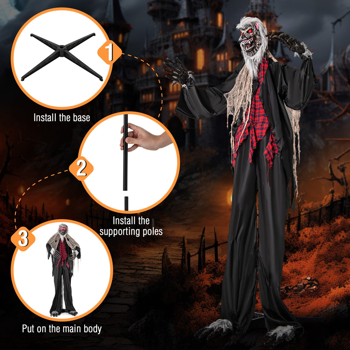 8.2 ft standing animatronic werewolf with red flashing eyes, howling sounds, poseable arms on Tampa Home & Garden Store