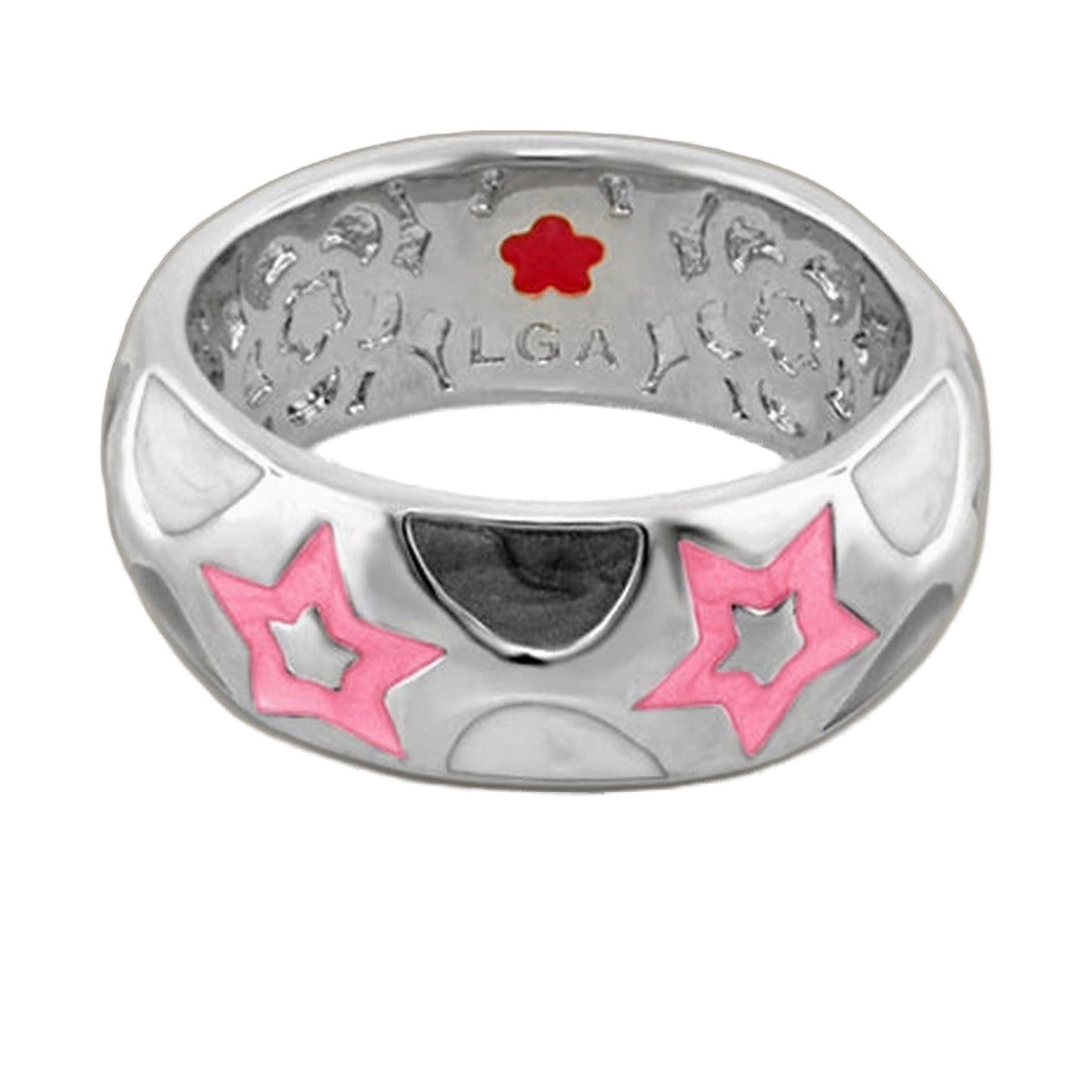 Star Light Ring, silver band with pink enamel stars on exterior and Lauren G Adams engraving inside on Tampa Home & Garden Store