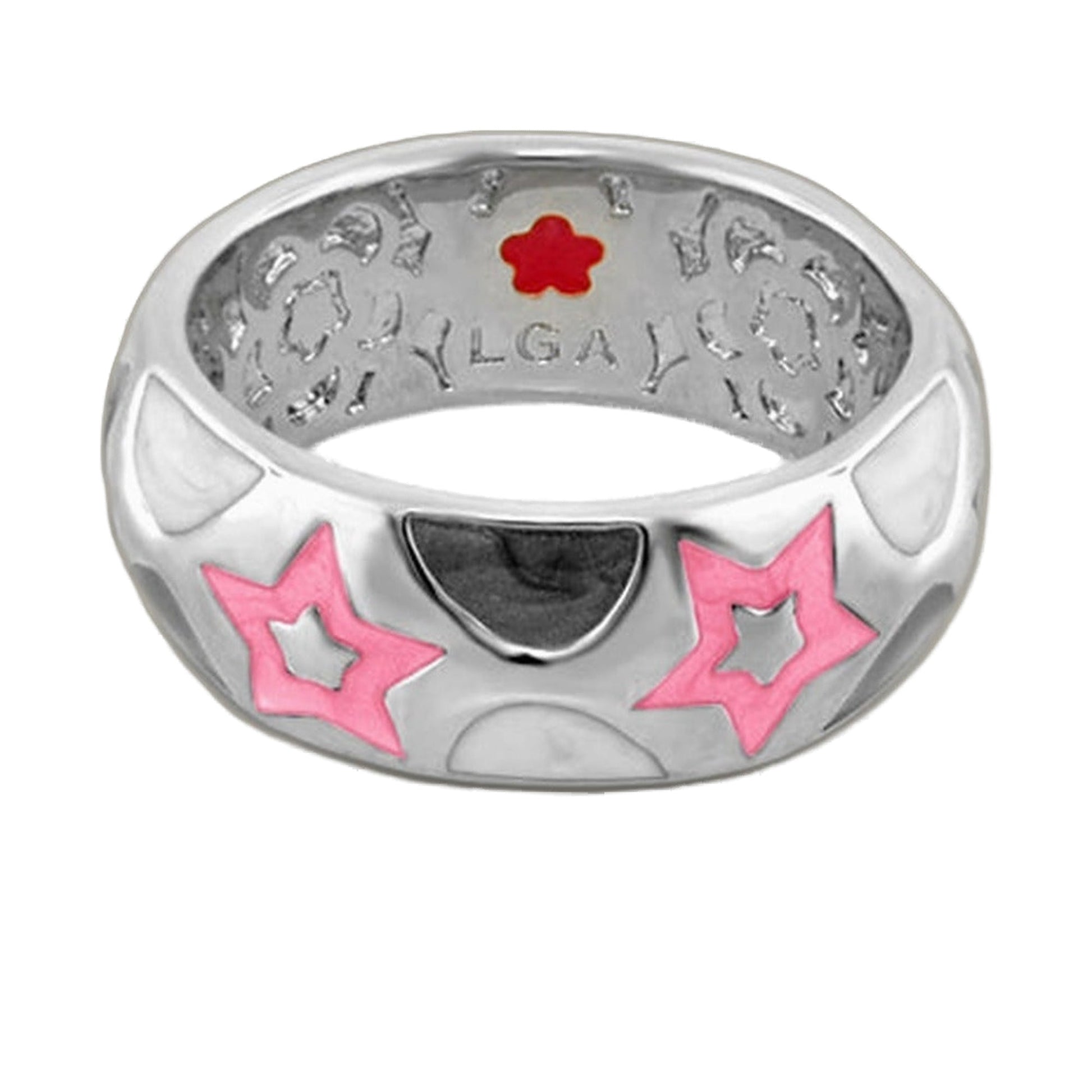 Star Light Ring, silver band with pink enamel stars on exterior and Lauren G Adams engraving inside on Tampa Home & Garden Store