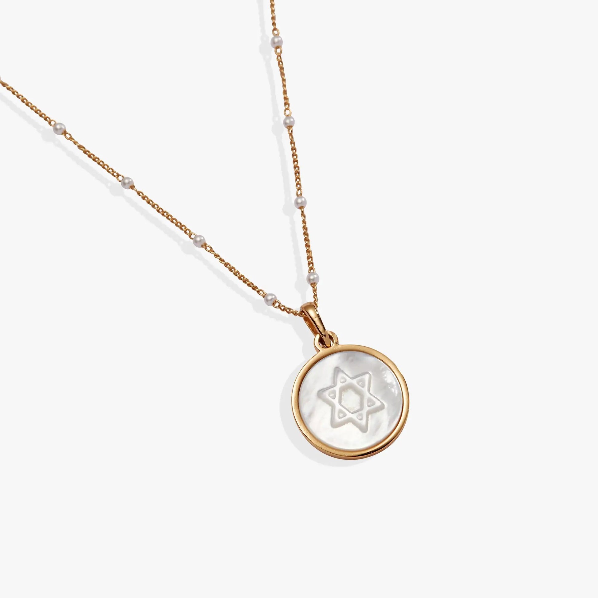 Star of David pendant necklace with gold-tone chain and pearl on mother-of-pearl disk on Tampa Home & Garden Store