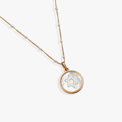 Star of David pendant necklace with gold-tone chain and pearl on mother-of-pearl disk on Tampa Home & Garden Store
