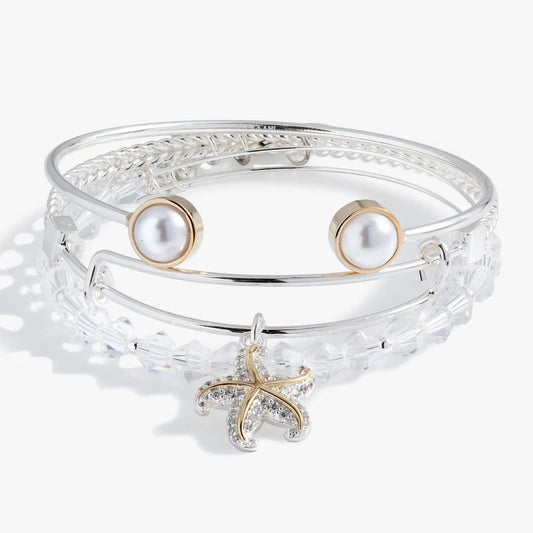Starfish bangles set of 3 by Alex and Ani, silver-tone bracelets with pearls and crystal charm on Tampa Home & Garden Store