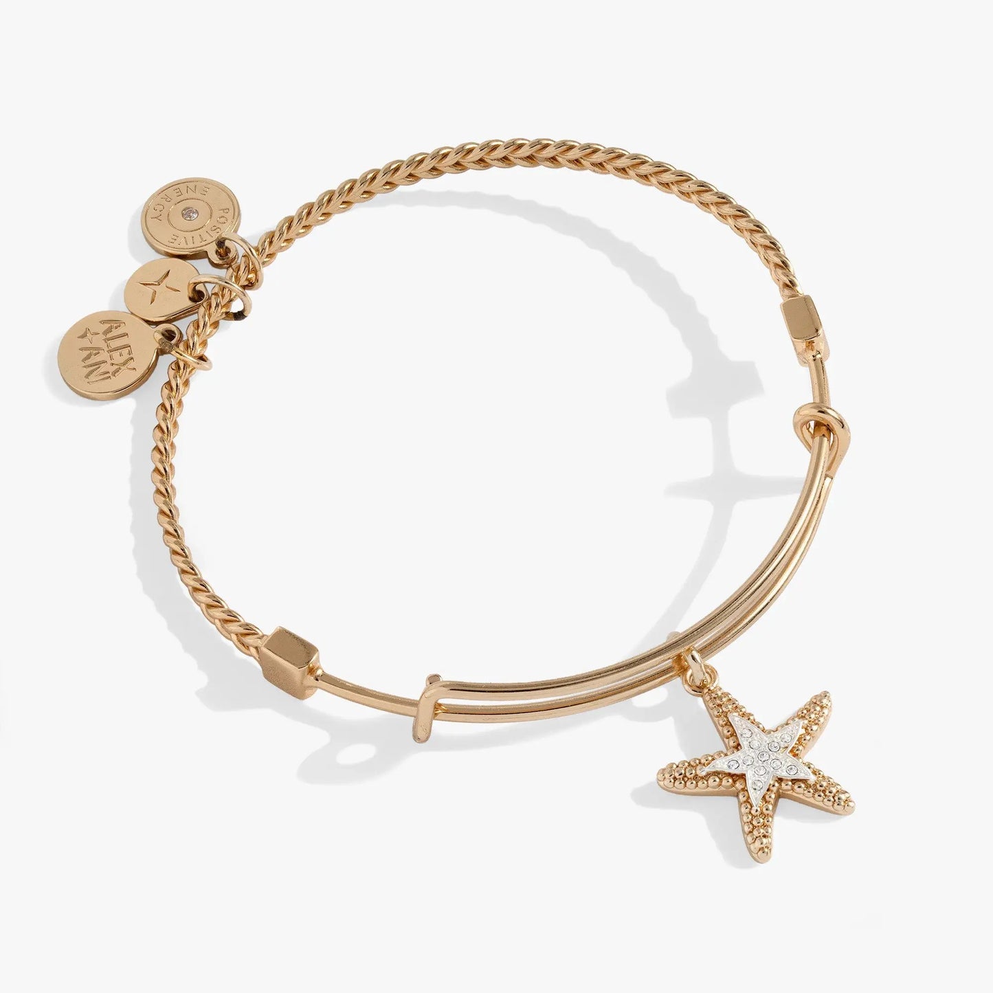 Textured starfish charm bangle by ALEX AND ANI in rose-gold tone with braided chain accents on Tampa Home & Garden Store